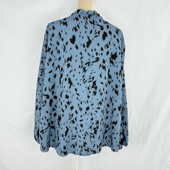 Womens Plus Size 3XL Allover Print Tie Neck Blouse Long Sleeves Dusty Blue - Picture 3 of 16